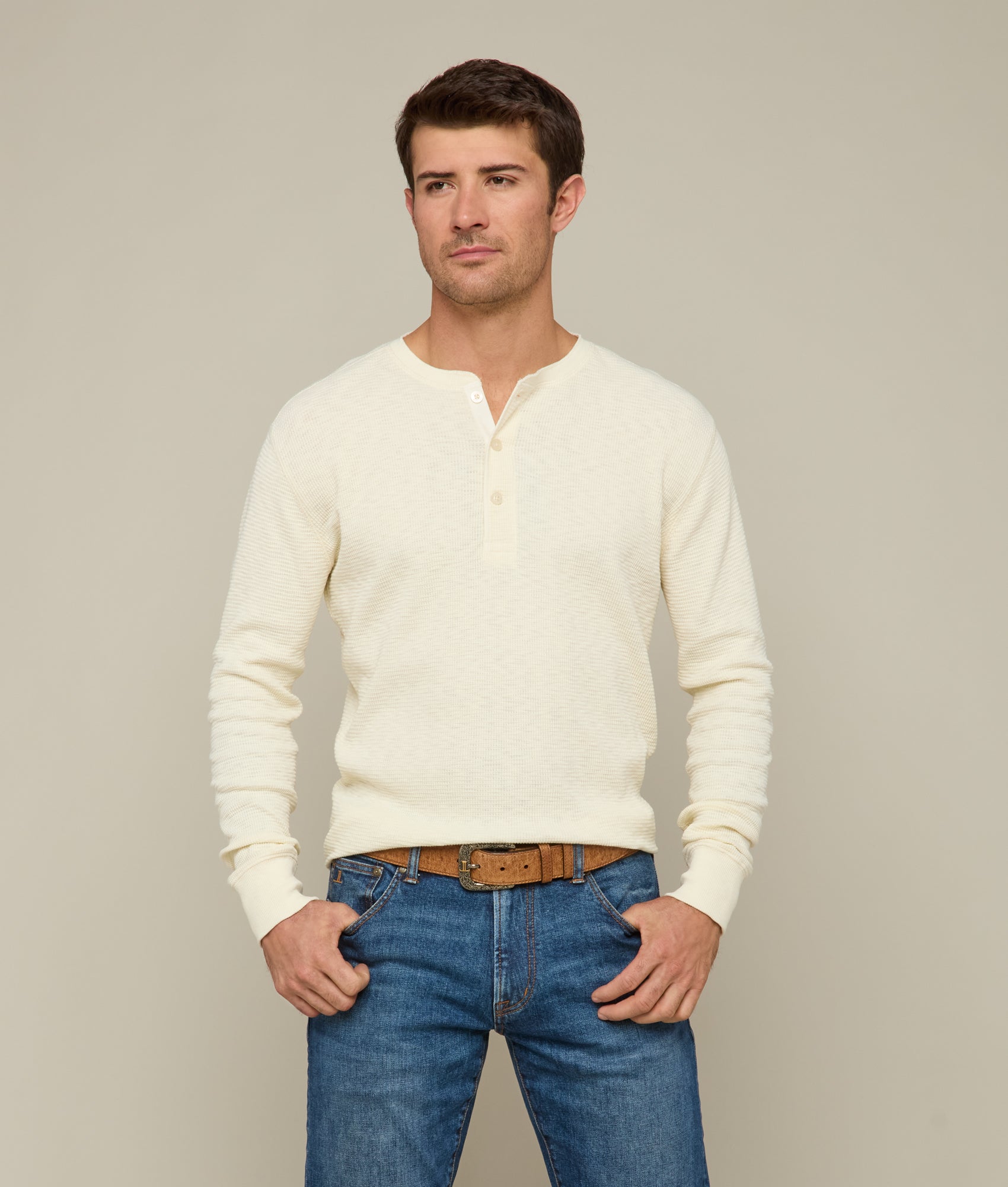 Dylan Waffle Henley :: Ecru - Image 3